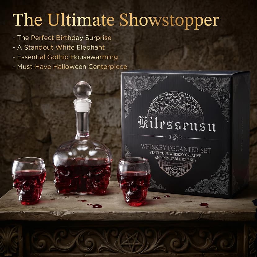 Spooky Skeleton Glass Decanter, Dark Academia Home Bar Decor & Man Cave, Cool Halloween Gifts for Men & Whisky Lovers Gothic Skull Whiskey Decanter Set, 34 oz, with 2 Rocks Glasses B0HC61CTR3
