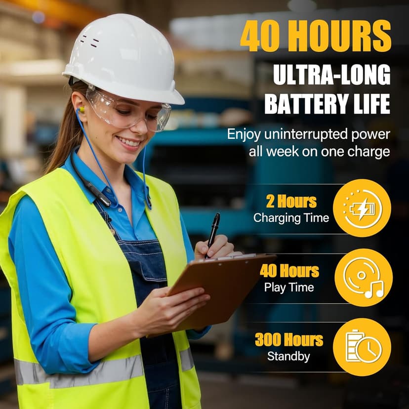 Bluetooth 6.0 Earplug Headphones with 40H Playtime & OSHA Compliant 29dB Noise Reduction Hearing Protection, Rechargeable Wireless Neckband Earbuds w/Mic, IPX6 Waterproof for Construction, Workshop