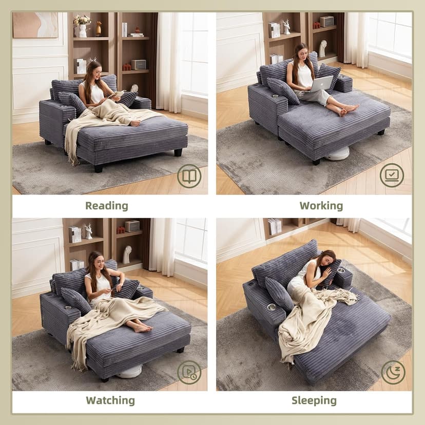 60'' Oversized Chaise Lounge Chair Indoor, Corduroy Upholstered Lounge Sofa with Wood Frame, Comfy Lounge Chaise with Pillows and Cup Holder, Deep Seat Lounge Chair for Living Room Bedroom