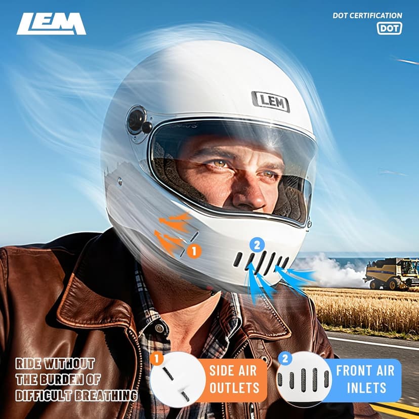 LEM Motorcycle Helmet Full Face for Men and Women, Retro Vintage Classic Open Face Style, Lightweight Fiberglass Shell, DOT Certified, for Cruiser, Cafe Racer, Scooter, Commuter (White, Size XL) Kick
