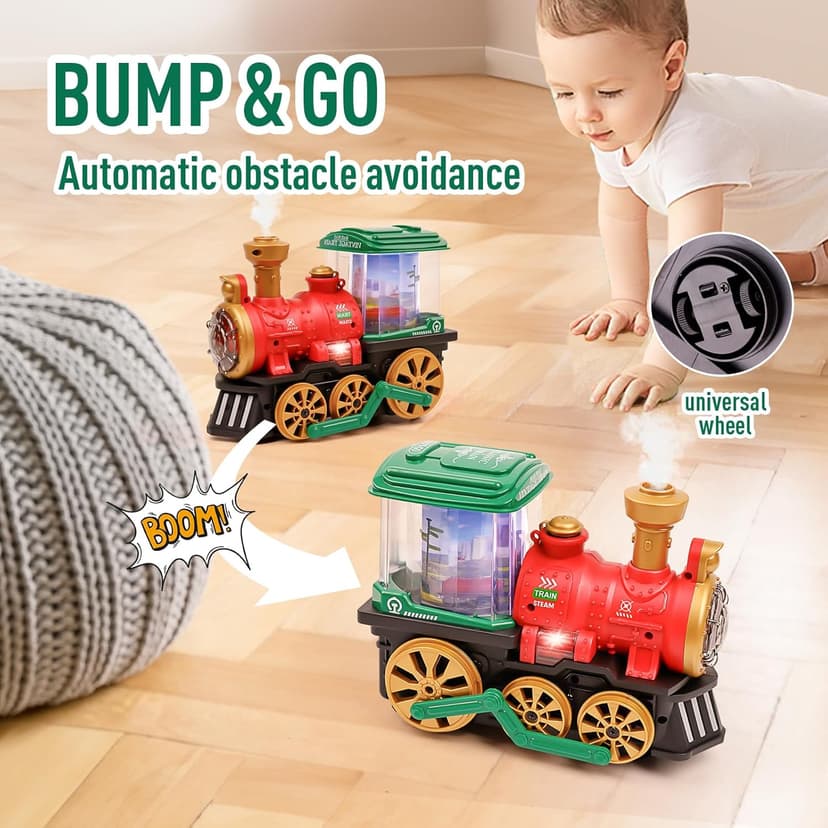 Electric Steam Train Toy for Toddlers 3-5,Bump and Go Truck w/Steam Locomotive,Smoke,Light & Sound, 360 Rotation Christmas Train Truck Toys Birthday Gift for Toddler 1 3 4 5 6 Year Old Boys Girls Kids