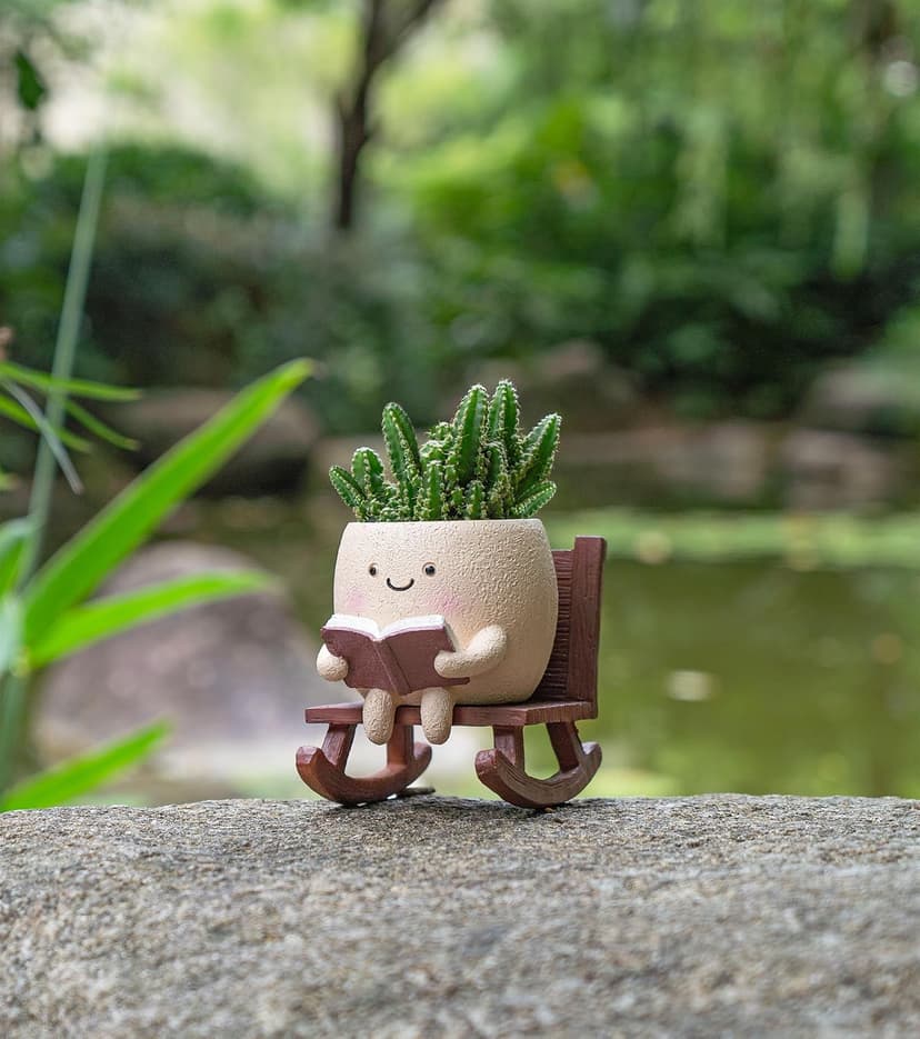 Rocking Chair Smiley Face Planter,Cute Plant Pots for Indoor Outdoor Plants,Succulent Pots with Drainage Hole,Unique Funny Flower Pot for Succulents,Plant Gifts for Mother's Day, Birthday, Christmas B0F59W5CR2