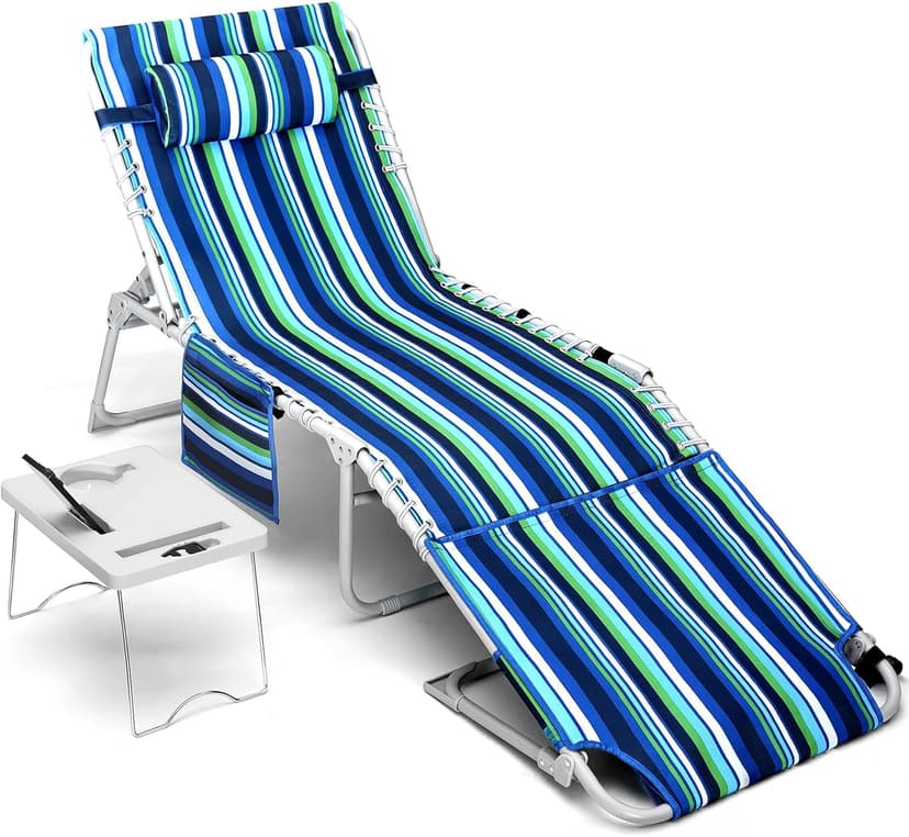 3-in-1 Beach Chair Face Holes, Lounge Chair Outdoor with Folding Side Table, 5-Position Recliner, Lay Flat, Removable Pillow, Heavy Duty, Max 330lbs, Poolside, Patio, Camping, Backyard Striped Blue