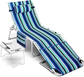 3-in-1 Beach Chair Face Holes, Lounge Chair Outdoor with Folding Side Table, 5-Position Recliner, Lay Flat, Removable Pillow, Heavy Duty, Max 330lbs, Poolside, Patio, Camping, Backyard Striped Blue