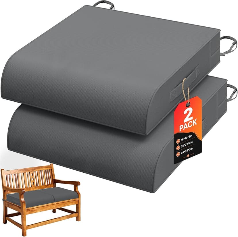 TasticTotes 19 x 19 x 3 Inch Patio Chair Cushions - Set of 2, Waterproof Outdoor Seat Cushions with Adjustable Straps and Handles, Fade-Resistant Chair Pads for Outdoor Furniture, Garden, Beach, Grey