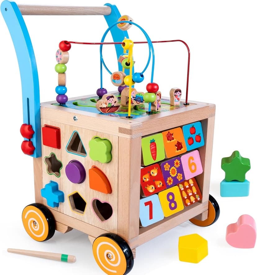 Wooden Baby Walker | Baby Push Walker with 9-in-1 Activity Cube, Sit to Stand Learning Walker Toy with Wheels for Boys Girls, Montessori Activity Center Walker, Adjustable Speed & Height
