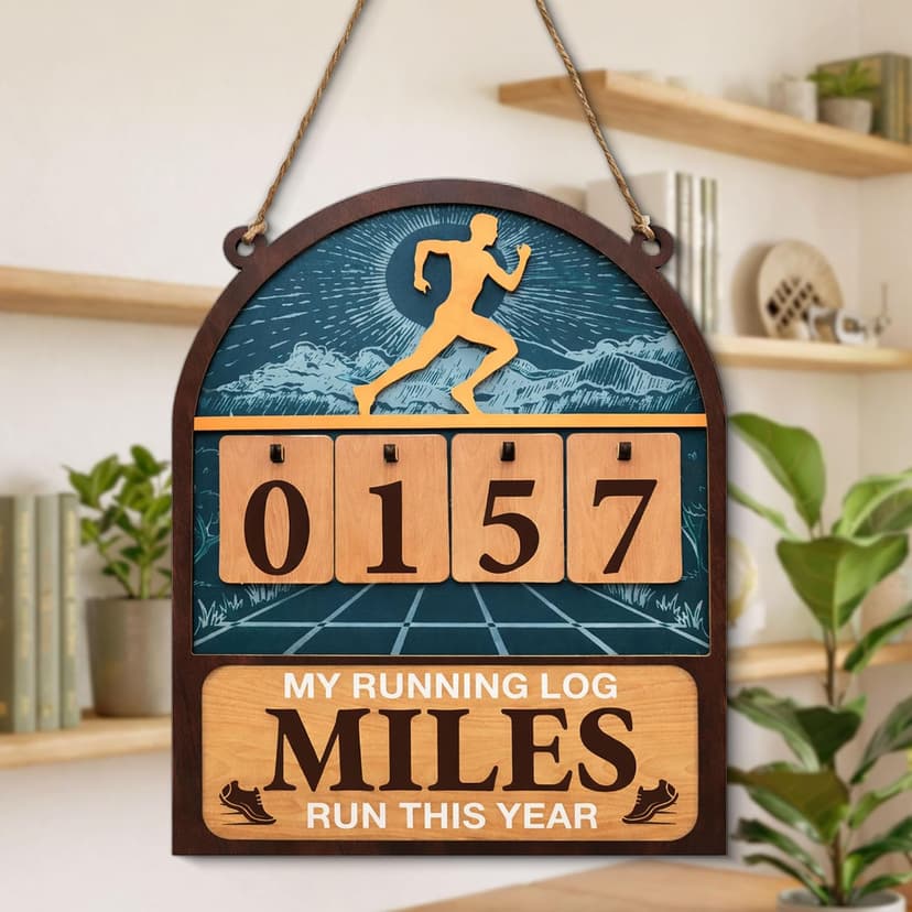 Wooden Yearly Running Log Counter Home Decor, Marathon Runner Gifts Miles Run This Year Tracker Sign Running Gifts for Runners Men Women B0GKP9JPVN