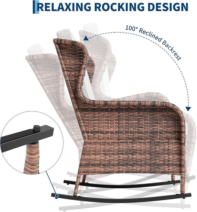 Patio Rocking Chair for Outdoor, Rattan Wicker Chair with Thick Cushions & Steel Frame, All-Weather PE Chair for Garden, Backyard, Porch, Deck