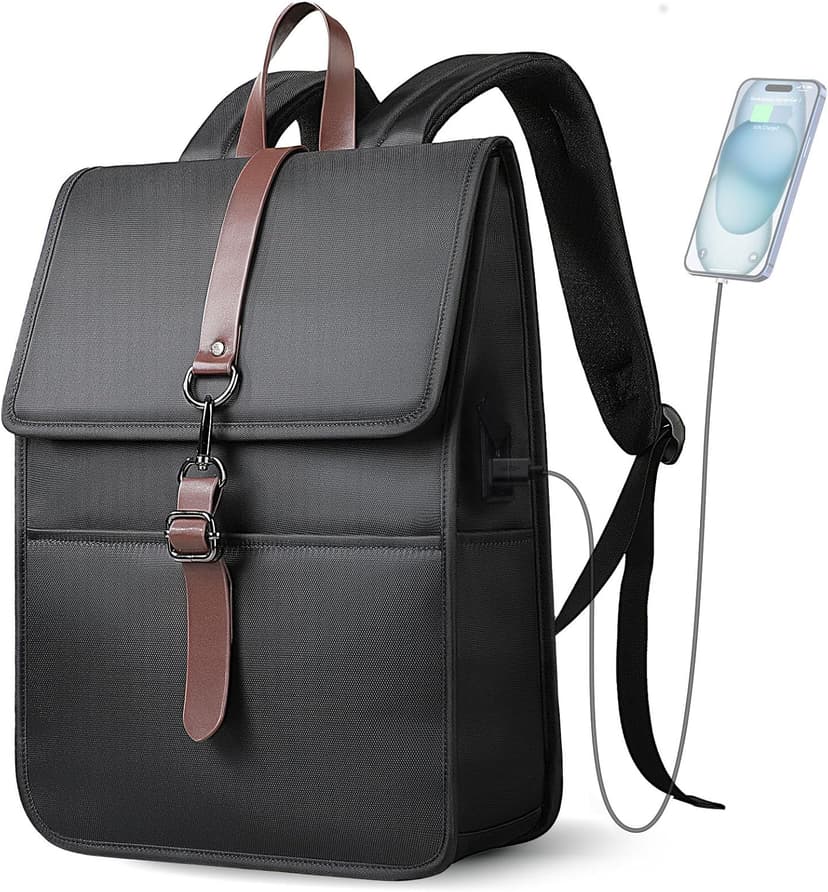 HEROIC KNIGHT Laptop Backpack for Men Women, Slim Work Travel Backpack with USB Charging Port, Lightweight Computer College Backpack Bag, Vintage Commuter Casual Daypack Fits 15.6 Inch Laptop,Black