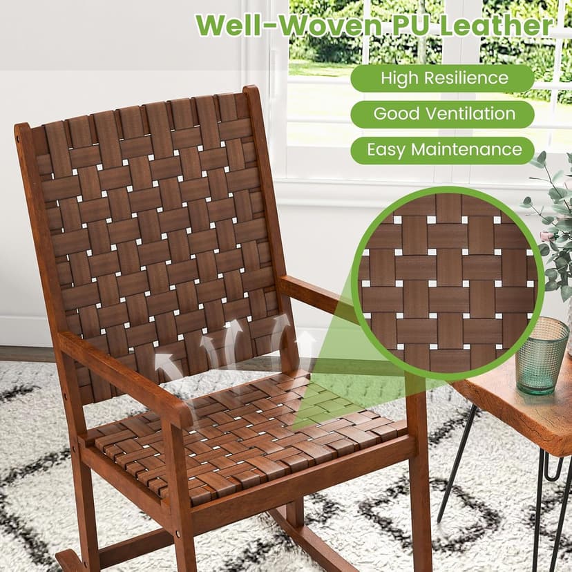 Tangkula Outdoor Rocking Chair, All Weather PU Seat & Rubber Wood Frame Porch Rocker, Safe & Smooth Rocking Motion, Ergonomic Patio Rocking Chair for Garden, Lawn, Balcony, Indoor (1, Brown)
