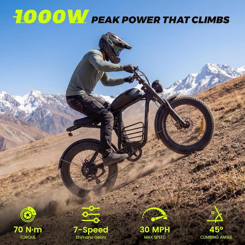 Electric Bike for Adults, 1000W/1500W/3000W Dirt Bike, 30/34/37MPH, 48V 15 Ah/18.9Ah/25Ah e Bike, 40/47/100 Miles Electric Motorcycle, 20" Fat Tire Off-Road Bike, All Terrain Electric Bike
