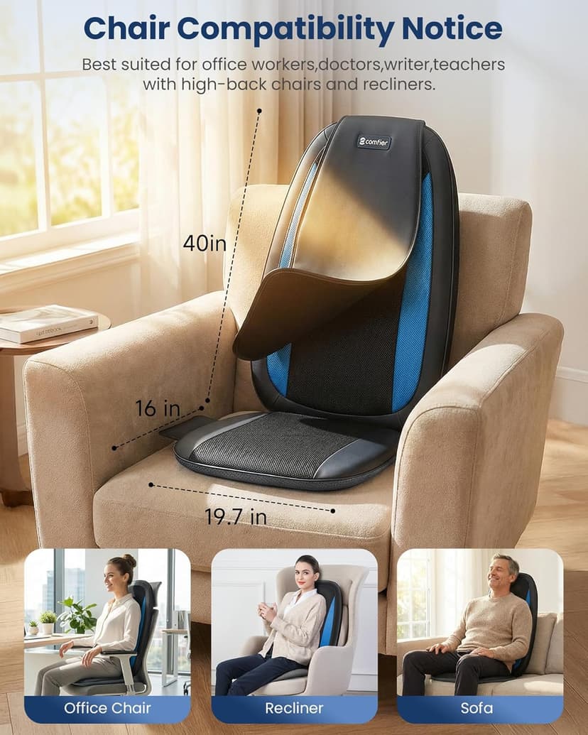 COMFIER Shiatsu Back Massager with Heat,Deep Tissue Kneading Massage Seat Cushion,Massage Chair Pad for Full Back,Body Massager for Home or Office Chair use, Father Day Gift for Men