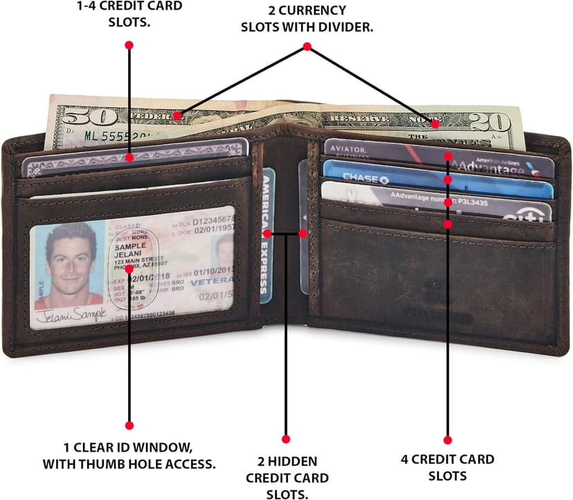 Wise Owl Accessories Real Leather Mens Bifold Wallet RFID Blocking Slim Minimalist Front Pocket - Thin & Stylish with ID Window in Gift Box (Crazy Horse, Coffee)