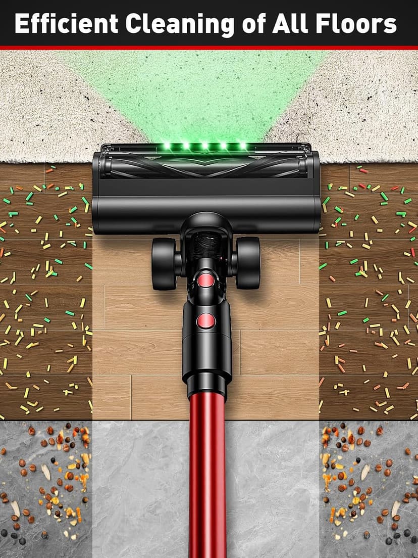 Cordless Vacuum Cleaner, 45KPA 8-in-1 Vacuum Cleaners for Home, 50Mins Runtime, Anti-Tangle Stick Vacuum with LED Display, Rechargeable Lightweight Vacuum for Pet Hair/Carpet/Floor (Red) (Red)