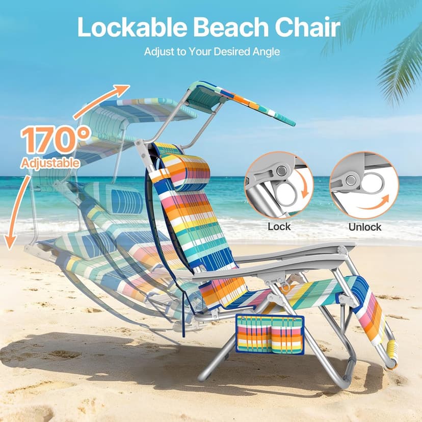 Suteck Zero Gravity Beach Chair with Canopy, Backpack Beach Chairs for Adults, Lightweight Adjustable Reclining Beach Chair with Shade, Folding Lay Flat Chair for Beach Poolside Outdoor