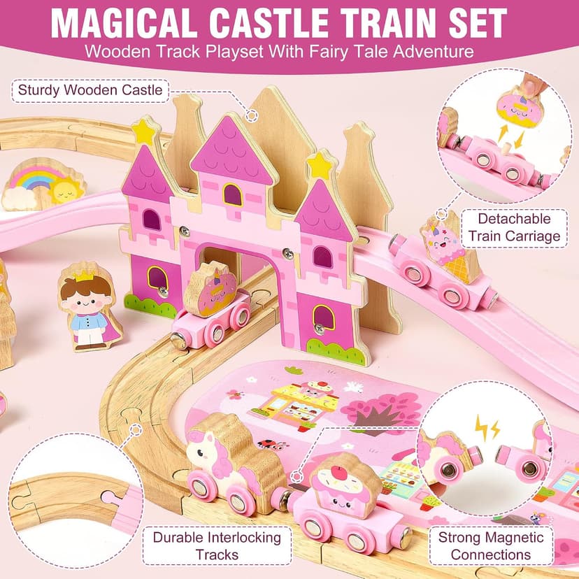 Princess Castle & Magnetic Trains, Compatible with Most Wooden Train Tracks, Birthday Gift for Girls 3 4 5 Year Old Atoylink Wooden Train Set for Toddler Girls, 40Pcs Pink Unicorn Train Toys B0H6HGYDWR