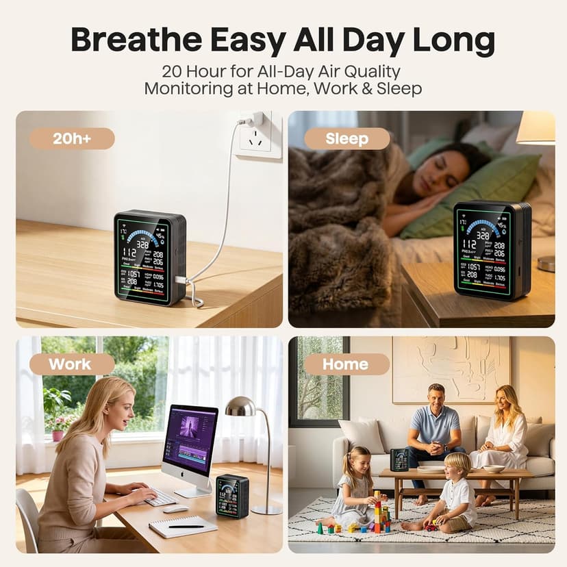 Air Quality Monitor Indoor, 10 in 1 Portable Smartair Quality Tester for CO2 | CO | TVOC | HCHO | Temp | AQI | PM0.3-1 Detection Suitable for Home, Cars, Plants, Pets and Hotels -Black