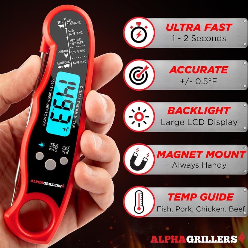 Alpha Grillers Meat Thermometer Digital - Instant Read Food Thermometer for Cooking Grilling Air Fryer Griddle Probe Kitchen Gadgets Essentials BBQ Accessories Grill Gifts for Men Him Dad Birthday