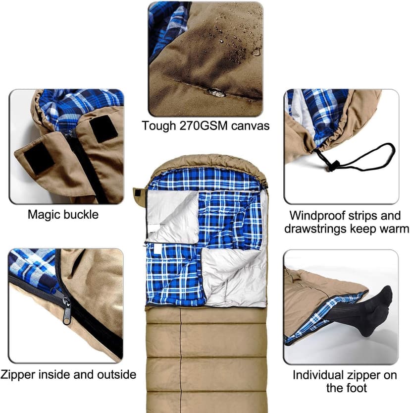 0 Degree Canvas Sleeping Bag for Adults, Cotton Flannel Sleeping Bag for Winter Camping, Fishing, Hunting or Traveling, Durable Cotton Canvas Shell and Removable Flannel Liner