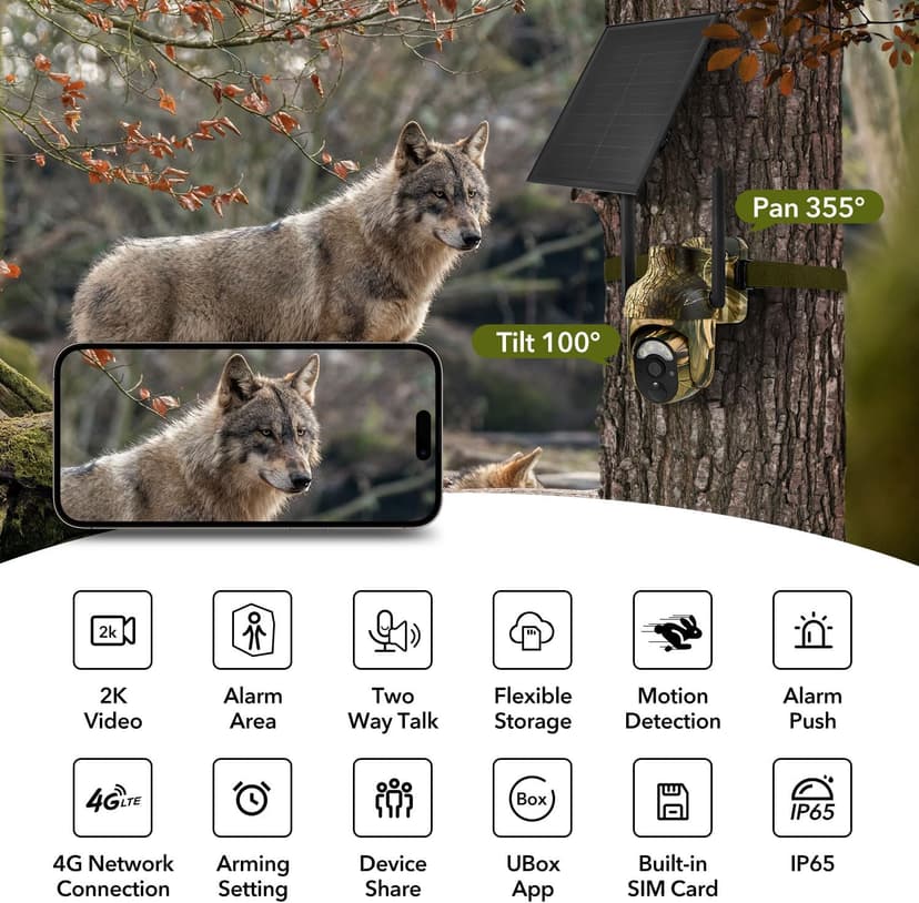4G LTE Cellular Trail Cameras 2K 360° View Live Streaming Game Camera Built-in SIM Card with Motion Activated Color Night Vision Remote Phone Access Solar Powered Trail Camera IP65 Waterproof 2 Pack