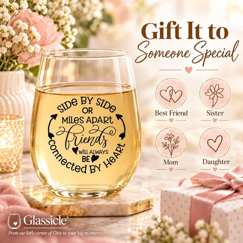 Side By Side Or Miles Apart Best Friend Wine Glass - 15 Oz, Scratch-Resistant Wine Glass - Birthday Gifts for Her, Stocking Stuffer, or Long Distance Friendship Gifts for Women - Printed in the USA