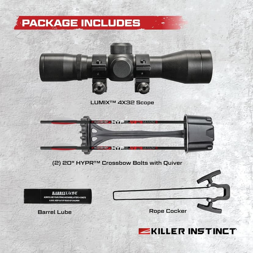 Killer Instinct LTL 405HD Crossbow Bundle, 405 FPS Compact Crossbow with Lumix 4x32 Scope, Anti Dry Fire Safety, Rope Cocker and 2 Carbon Bolts, Hunting Crossbow Kit