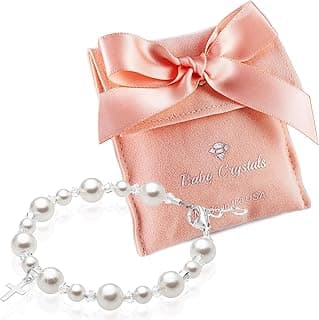 Baby Crystals Pearl Bracelets for Girls, Sterling Silver Cross Charm, Baptism Gifts for Girl, Baby Bracelet with Simulated White Pearls and Crystals, Girls Jewelry Birthday Gift