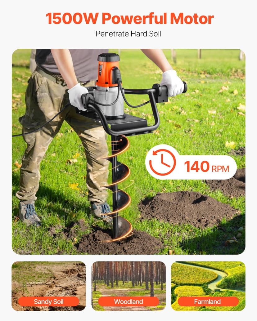 VEVOR Electric Post Hole Digger, 5.71 in Auger Bit with 1500W Powerful Motor, 140 RPM Alloy Steel Earth Auger Drill Bit with 10.24 in Extension Rod, for Post Hole Digging, Drilling & Tree Planting
