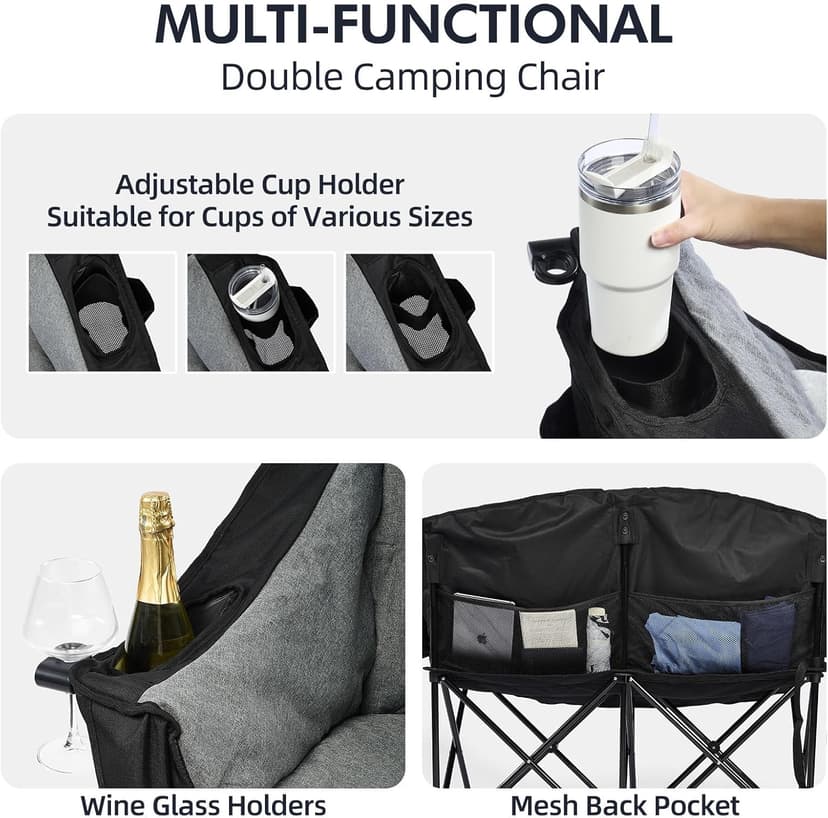 Double Camping Chair Loveseat - 2 Person Oversized Camping Couch for Adults Padded Heavy Duty Outdoor Lawn Beach Portable Folding Chairs with Cup Holders and Carry Bag Support 600lbs, Black/Grey