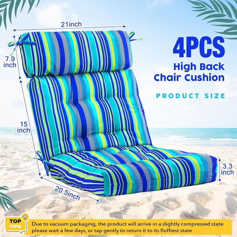 Barydat 4 Pcs Tufted High Back Chair Cushion Indoor Outdoor Seat and Back Cushions Palm Leaves Tropical Plants Lawn Rocking Chair Pads with Ties for Adirondack Patio Garden(Blue Stripes)