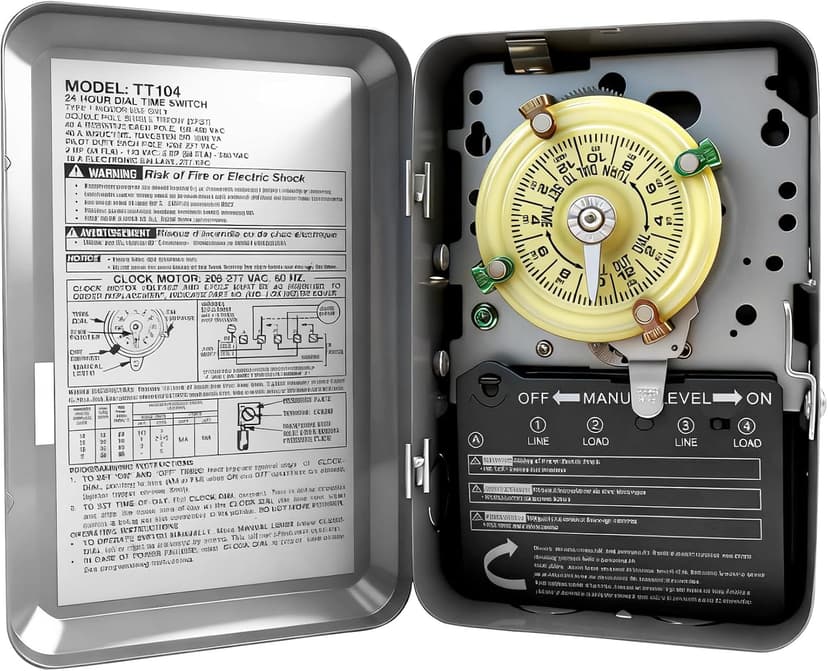 T104 Mechanical Timer Switch, 208–277 VAC 40 Amp,Pool Pump Switch, 24 Hour 12 ON/Off for Pump, Heavy Duty Pool Timers Outdoor, Timer for Lights HVAC Systems, 5 Years Warranty