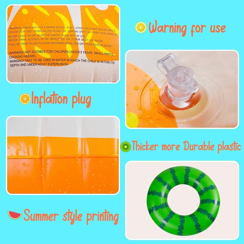 90shine 7PCS Fruit Pool Floats: Watermelon Kiwi Orange Lemon Swimming Rings with 13.5" Beach Balls - Inflatable Tubes Floaties Toys for Kids Adults