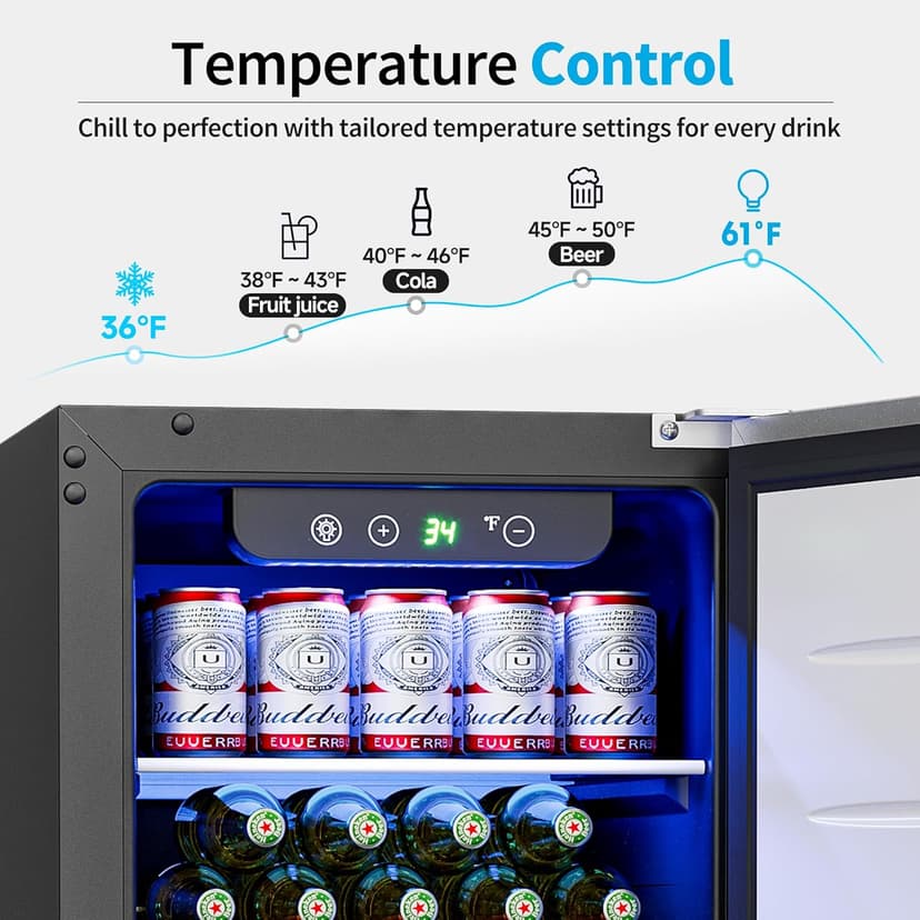 Feelfunn 15 Inch Undercounter Beverage Refrigerator - 126 Cans Beverage Fridge with Stainless Steel Door for Beer Wine Soda - Built-in or Freestanding Wine Cooler for Home Kitchen Bar