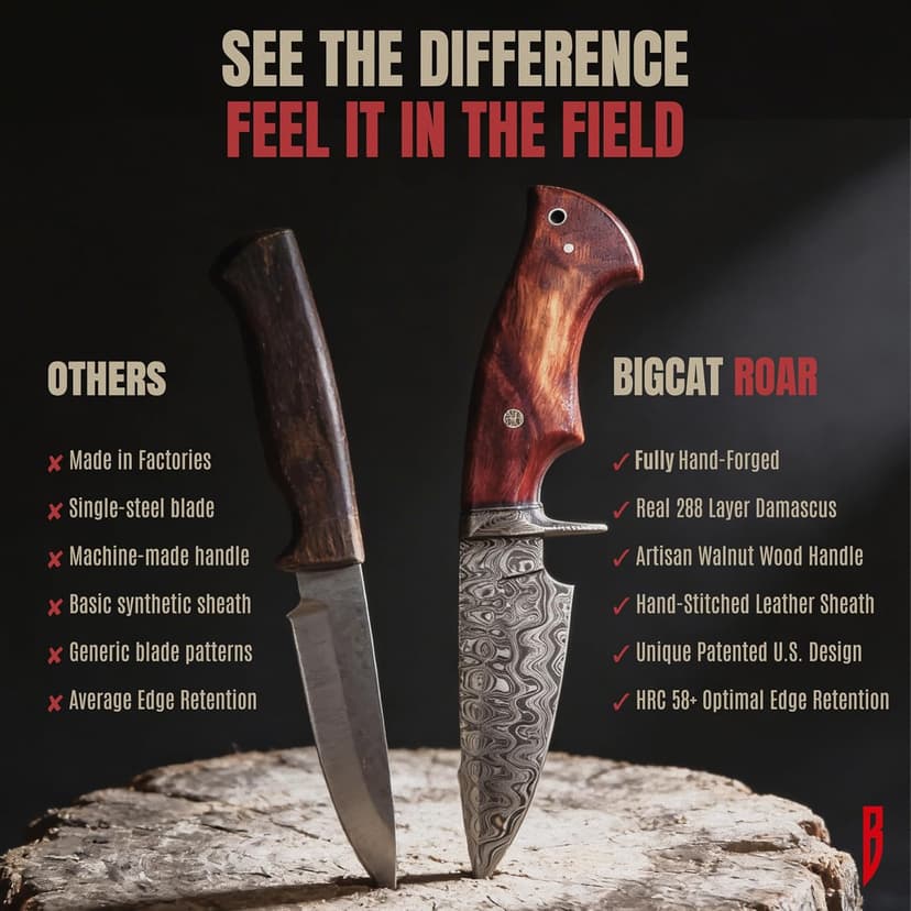 BIGCAT ROAR Predator Hunter - Patented Handmade Damascus Steel Fixed Blade Hunting Knife 10" - Walnut Wood Handle & Leather Sheath - Bushcraft Outdoor Skinning & Survival Knife - Collector Men Gifts