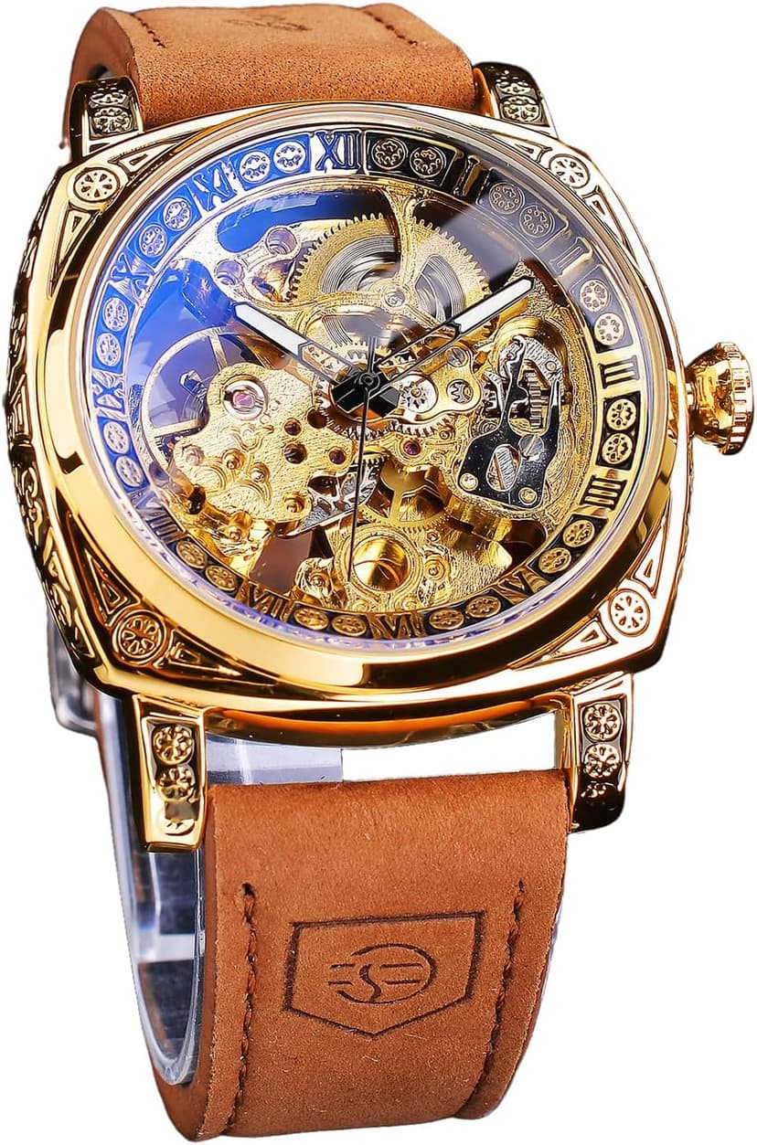 FORSINING Watches for Man, Square Retro Mechanical Watch Self-Wind Carved, Skeleton Automatic Watches Vintage Leather Strap Wristwatch