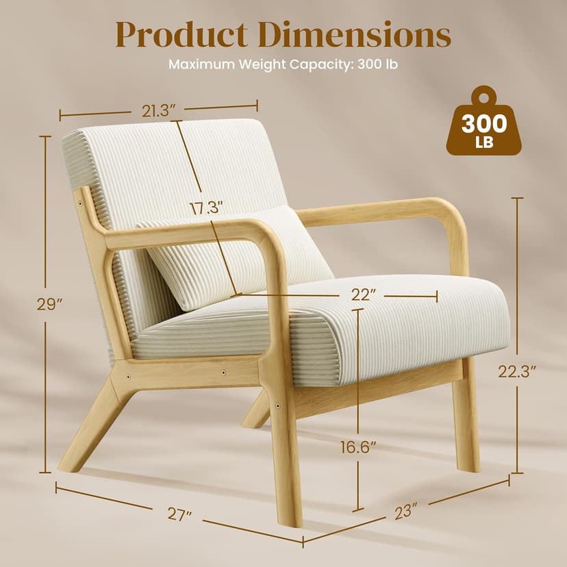 Yaheetech Accent Chair for Living Room, Corduroy Mid Century Modern Reading Armchairs with Lumbar Pillow for Bedroom, Decorative Sofa Chair for Adult Beige/Set of 1