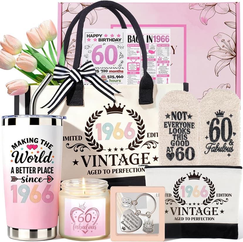 60th Birthday Gifts for Women, Vintage 1966 Birthdays Gift For Her, Cool 60 Year Old Birthday Gifts Set For Mom Wife Sister Friends Coworkers, Unique Gift Ideas With Tumbler Greeting Card Tote Bag B0H1LC1S74