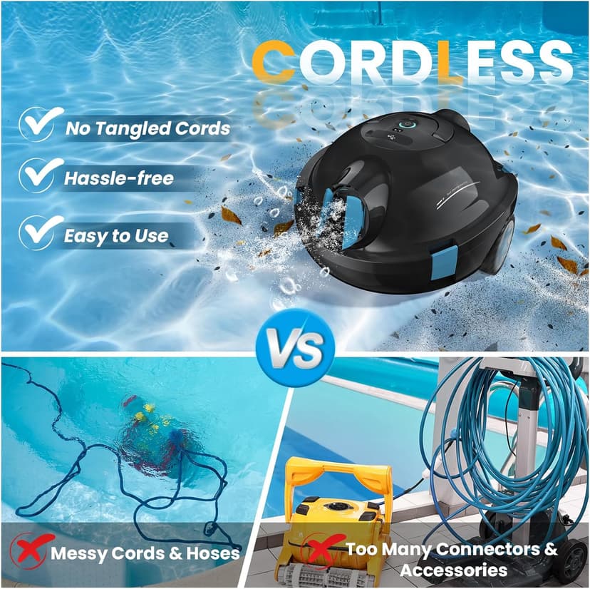 Y10 Cordless Robotic Pool Cleaner, Automatic Pool Vacuum - Ultra Long Battery Life, Powerful Suction, Self-Parking, Lightweight for Above/Inground Pools Up to 65ft/1100 Sq.Ft (Obsidian)