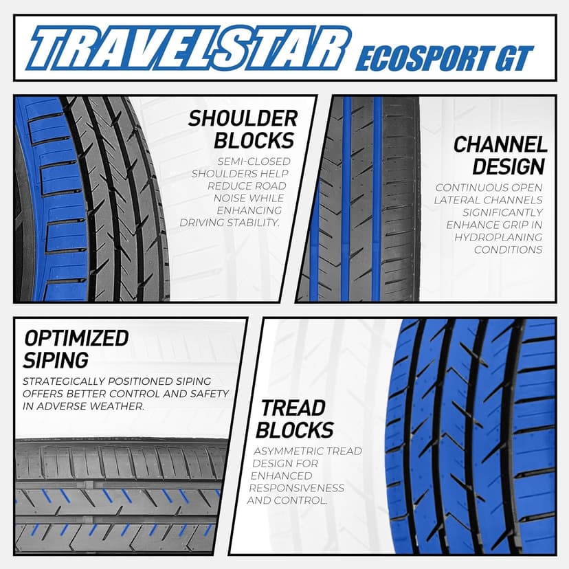 Set of 2 (Two) Travelstar Ecosport GT Ultra High-Performance 245/50R20 All Season Passenger Tire Set 245/50/20 245/50R20 102V Dual Tread Design for Sports Cars & Luxury Sedans[TIRE ONLY]