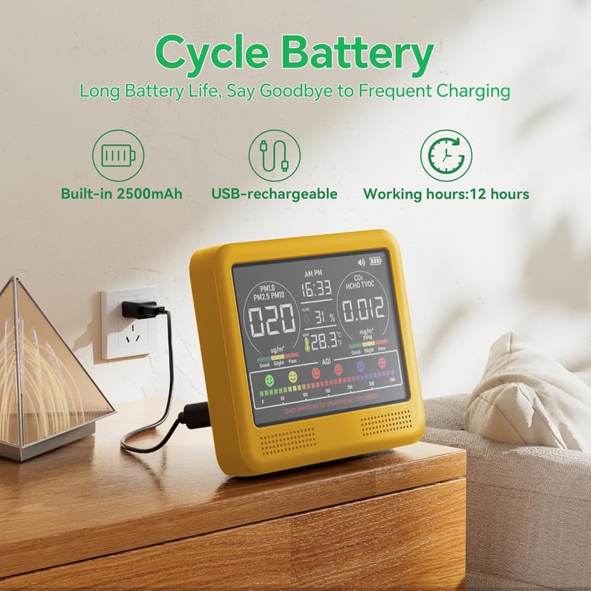16-in-1 Indoor Air Quality Monitor with PM1.0,PM2.5,PM10,CO2,HCHO,TVOC,Temperature,Humidity,Time Display &7 AQI Alarms – Professional Air Quality Tester for Home, Office & Indoor Use