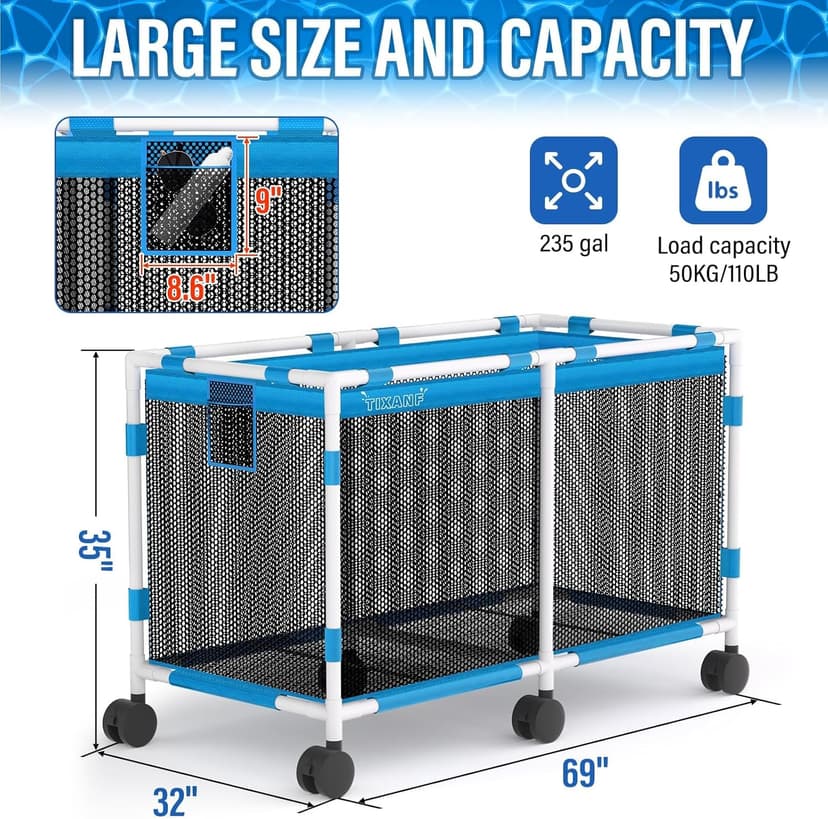 Pool Storage Bin - 235 Gallon 69" L Extra Large Pool Float Storage Organizer with Heavy Duty Tear & Sunlight Resistant Nylon Mesh, 360° Rolling Pool cart for Noodles,Toys,Floats,Balls