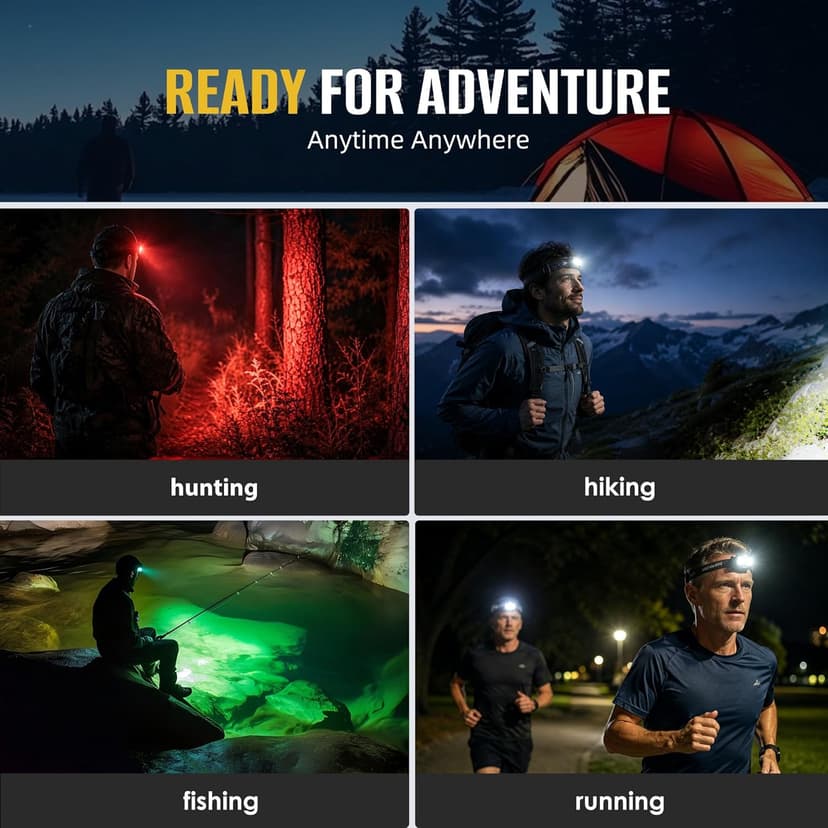 HOKOILN 2-Pack LED Headlamp Rechargeable with Green & Red Light -1300 Lumen Ultra-Bright Flashlight Headlight for Camping, Running, Hiking, Fishing - Waterproof with 7 Modes