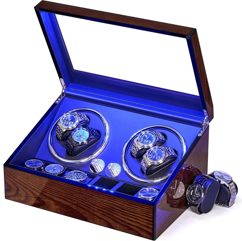 BEWISHOME BEWISHOME Watch Winders for Automatic Watches, Automatic Watch Winder Box Watch Spinner with LED Light, 4 Watch Winder with Quiet Running Motor and 6 Storage Case for Man/Woman's Watches, Brown SYQ01Y