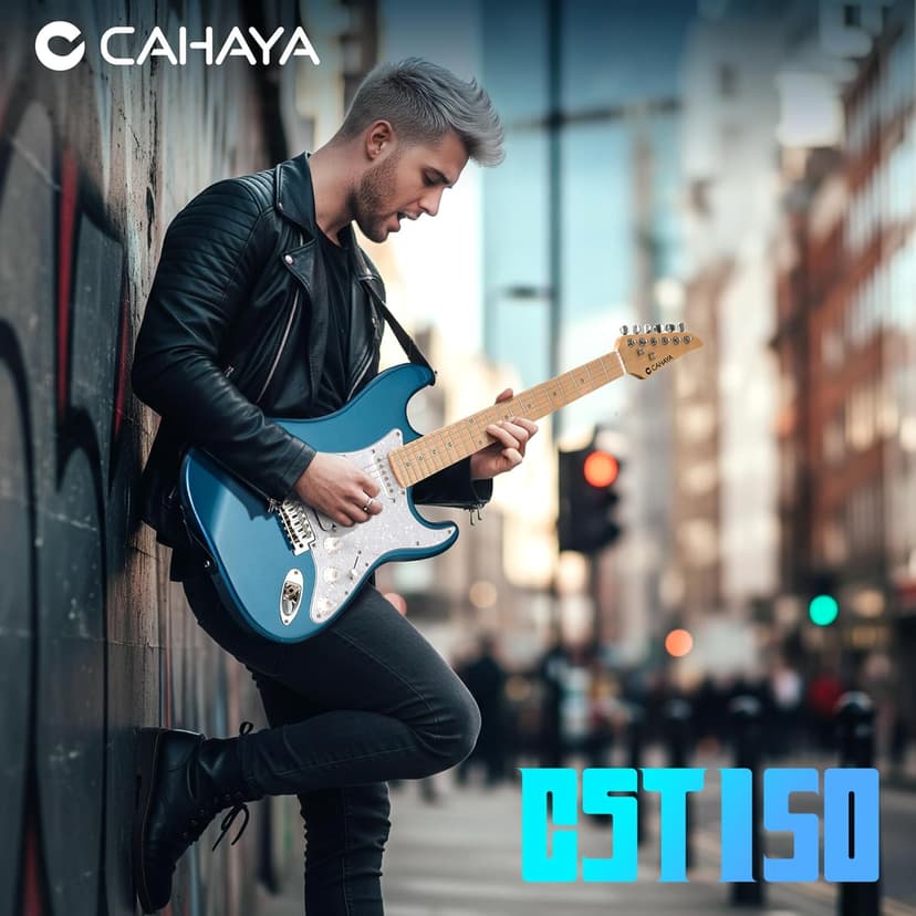 CAHAYA Electric Guitar Set Beginner - 39in Starter Guitar Kit with HSS Pickup Solid Okoume Body Electric Guitar Adults with Amplifier Gig Bag Strap Picks Strings Cable Blue