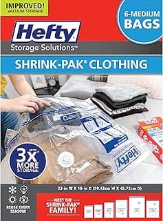 Hefty Shrink-Pak Vacuum Storage Bags - Space Saver for Under Bed Storage, Clothing and Comforters, 3X More Storage Space, 6 Medium Zipper Bags