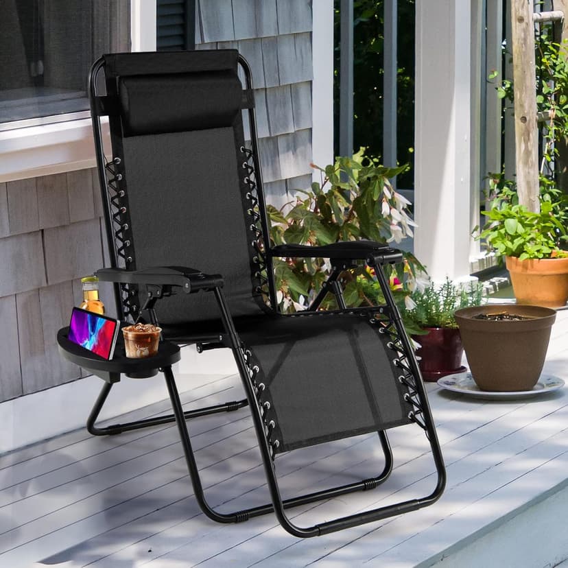 Goplus Zero Gravity Lounge Chairs, 160°Adjustable Folding Recliner w/Pillow and Cup Holder, 350LBS Comfy Outdoor Lounge Chairs for Patio, Lawn, Yard & Camp(1, Black)