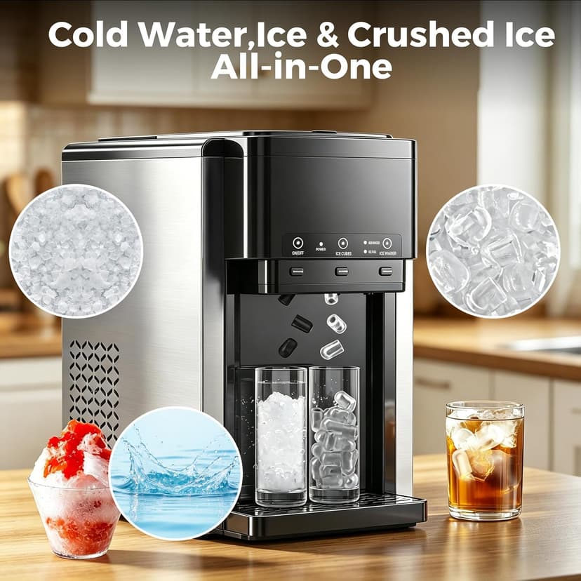 3-in-1 Water Dispenser with Ice Maker,Countertop Nugget Ice Machine with Bullet & Crushed Ice,44Lbs/24H,12 Ice Cube/6Min, Self-Cleaning, 4Lbs Storage, Home, Kitchen,RV (Silver) (Silver)