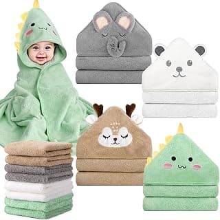4 PCS Baby Towels & 8 PCS Washcloths Set, Cute Animal Hooded, Ultra Absorbent & Soft, Newborn Shower Gifts for Boys & Girls 12 PCS Baby Bath Towels Set for Infants Toddlers Essentials B0F3JC4GWM