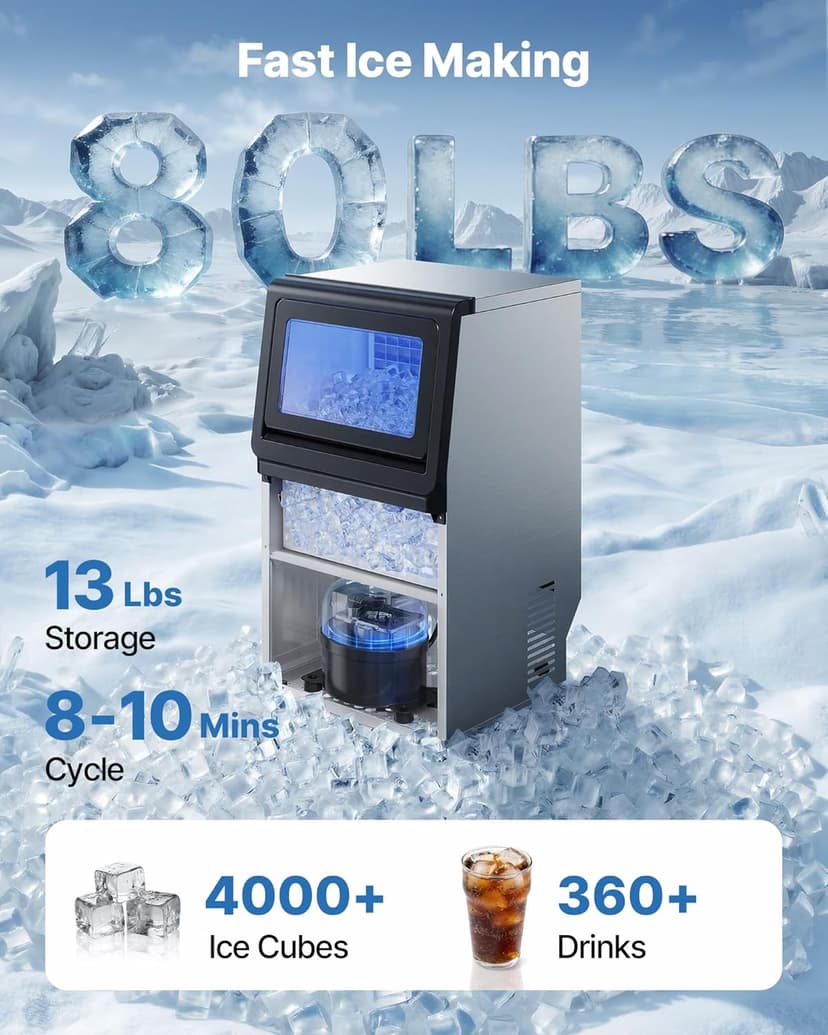VEVOR Commercial Ice Maker Machine, 265 lbs/24h with 85 lbs Storage Capacity, Built-in/Freestanding/Under Counter, Stainless Steel Ice Maker with LED Display & Self-Cleaning, for Home Bar Restaurant