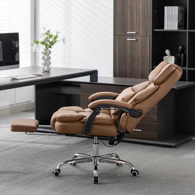 Kneading Massage Office Chair with Heated,90-135° Reclining Executive Office Chair with Footrest,Computer Desk Chair with Wheels,Diamond-Stitched Cushion Leather Office Chair,Brown